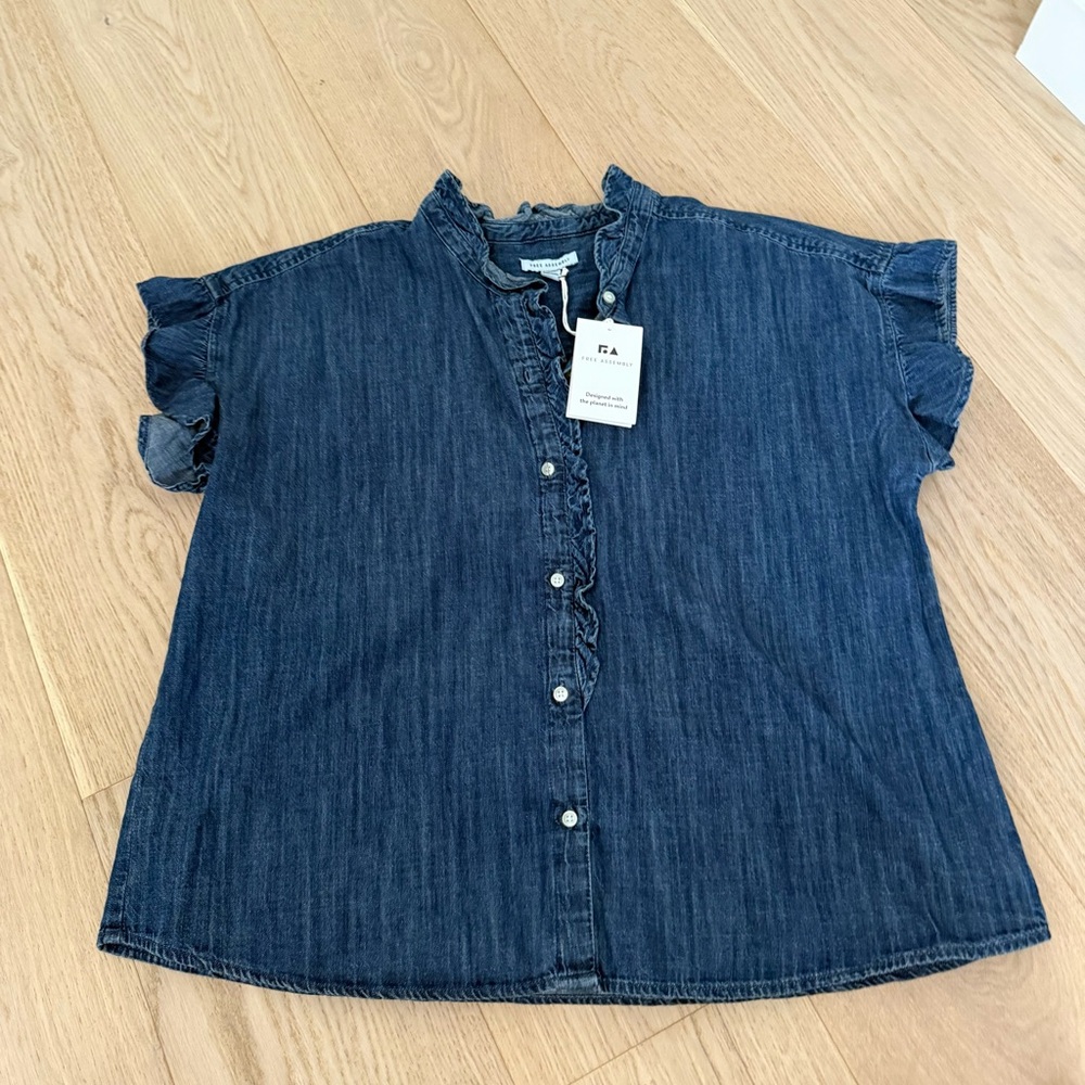 Free Assembly Denim Ruffle Button-Up Blouse